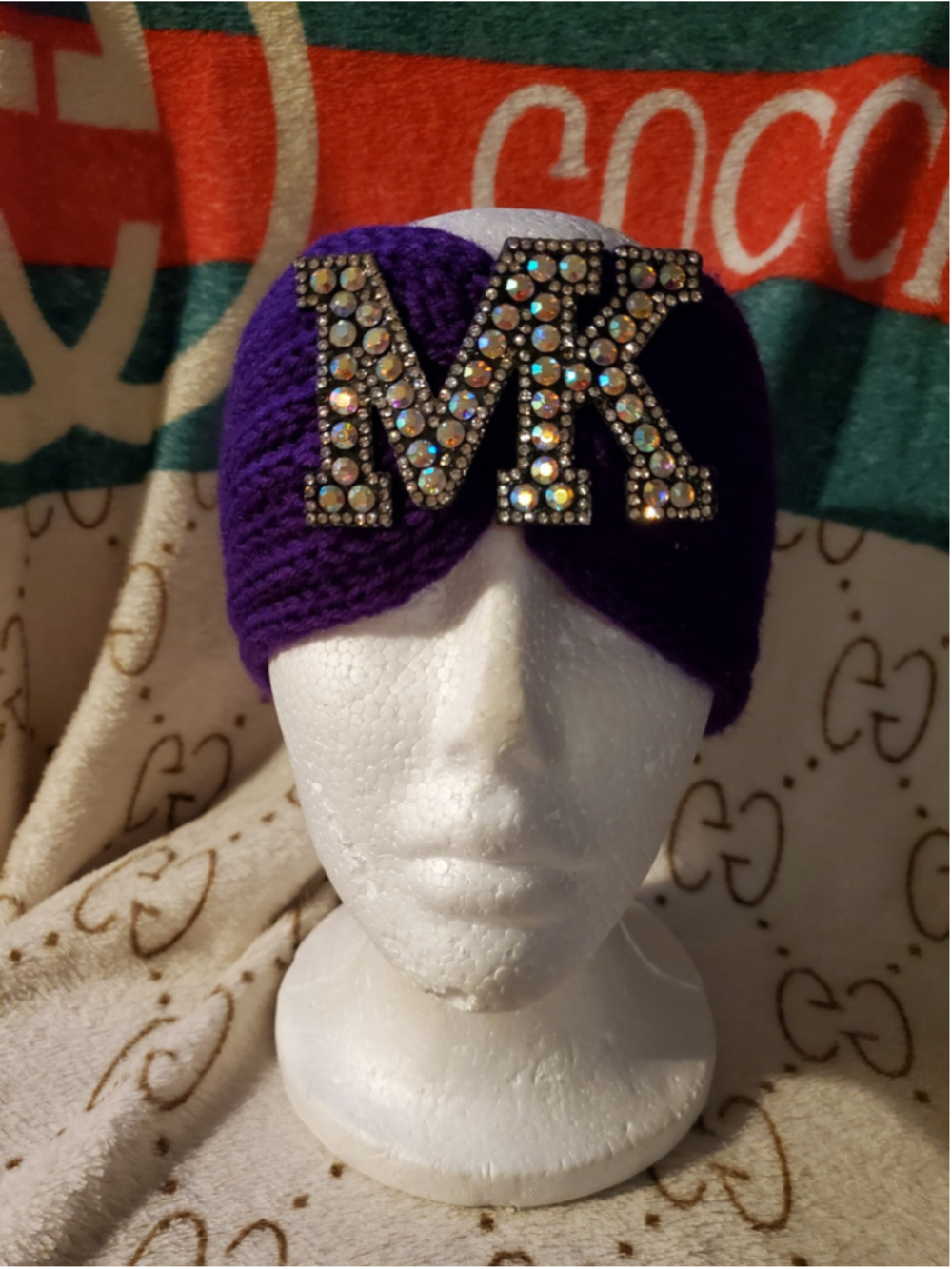Large iridescent rhinestones lettered Purple Knit Headband